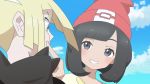  1girl anime_coloring bad_id bad_twitter_id beanie black_hair blonde_hair cheek_poking day gladio_(pokemon) green_eyes grin hat karakai_jouzu_no_takagi-san miu_(miuuu_721) mizuki_(pokemon) parody pokemon pokemon_(game) pokemon_sm poking red_hat short_hair sky smile style_parody 