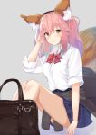  animal_ears blush breasts clothes_around_waist fate/extella fate/extra fate/grand_order fate_(series) fox_ears fox_tail highres jacket_around_waist kazuha_(saku_kn) large_breasts long_hair looking_at_viewer pink_hair school_uniform shirt sitting skirt smile solo tail tamamo_(fate)_(all) tamamo_jk_(fate) thighs twintails yellow_eyes 