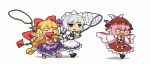  :d apron blonde_hair bow braid butterfly_net chain chibi closed_eyes crying crying_with_eyes_open full_body grey_hair hair_bow hand_net hat horns ibuki_suika izayoi_sakuya knife knife_in_head long_hair low-tied_long_hair maguro_(mawaru_sushi) maid_headdress multiple_girls mystia_lorelei open_mouth pink_hair rope simple_background smile tears touhou v-shaped_eyebrows white_background wings 