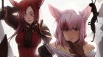  animal_ears bare_shoulders belt blurry blurry_background blurry_foreground brown_hair cat_ears choker close-up closed_mouth collarbone commission eventh7 facial_mark final_fantasy final_fantasy_xiv gloves heterochromia highres long_hair maid market miqo'te multicolored_hair multiple_girls off_shoulder one_eye_closed outdoors pauldrons pink_hair red_hair scar scar_across_eye short_hair standing sweat two-tone_hair 