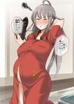  alternate_costume arm_behind_head blush breasts facial_scar gangut_(kantai_collection) grey_hair hair_ornament hairclip hammer_and_sickle hat hat_removed headwear_removed holding holding_hat kantai_collection large_breasts long_hair navel orange_eyes peaked_cap pregnant red_robe robe ryuun_(stiil) scar scar_on_cheek solo squiggle translated 