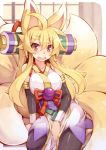  ahoge animal_ears arm_support armlet black_legwear blonde_hair blush breasts eyebrows_visible_through_hair fang fox_ears fox_tail izuna_(shinrabanshou) large_breasts long_hair looking_at_viewer open_mouth pantyhose pelvic_curtain red_eyes saru_000 scroll shinrabanshou sitting solo tail thick_eyebrows very_long_hair 