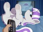  2018 bed bed_sheet bedding bedroom_eyes butt censored controller creative_censorship cutie_mark disembodied_hand duo equine eyebrows eyebrows_visible_through_hair eyelashes female feral friendship_is_magic fur hair half-closed_eyes hi_res hooves horn human inner_ear_fluff inside looking_at_viewer lying mammal multicolored_hair my_little_pony negasun on_bed presenting presenting_hindquarters purple_hair remote_control seductive smile solo_focus teal_eyes television twilight_velvet_(mlp) two_tone_hair underhoof unicorn watching_tv watermark 