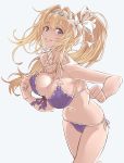  bangs bikini blonde_hair blue_eyes breasts clenched_hands commentary_request flower front-tie_bikini front-tie_top granblue_fantasy grey_background hair_flower hair_intakes hair_ornament hairband highres jeanne_d'arc_(granblue_fantasy) large_breasts lily_(flower) long_hair looking_at_viewer parted_lips ponytail purple_bikini running side-tie_bikini sieru simple_background smile solo strap_gap string_bikini swimsuit white_flower 
