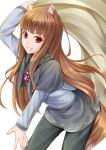  animal_ears brown_hair commentary_request eyebrows_visible_through_hair holding holo kirishima_itsuki long_hair looking_at_viewer pants pouch red_eyes simple_background smile solo spice_and_wolf tail wolf_ears wolf_girl wolf_tail 