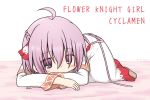  ahoge bangs bed_sheet blush braid character_name commentary_request copyright_name covered_mouth cyclamen_(flower_knight_girl) dress eyebrows_visible_through_hair flower_knight_girl hair_between_eyes hair_ribbon long_sleeves looking_at_viewer lying on_stomach pink_ribbon purple_eyes purple_hair ribbon rinechun short_hair solo twitter_username white_background white_dress wide_sleeves 