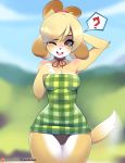  2018 ? animal_crossing blonde_hair canine clothing dog dress female hair hand_on_head isabelle_(animal_crossing) looking_at_viewer mammal nintendo one_eye_closed open_mouth outside panties patreon shih_tzu standing thought_bubble tsampikos underwear video_games 