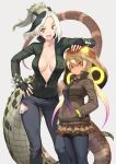 :d arms_behind_back black_gloves black_legwear blonde_hair braid breasts center_opening collarbone commentary crocodile_tail dark_skin eyebrows_visible_through_hair fingerless_gloves gloves gradient_hair green_eyes green_hair guchico hand_on_another's_head hand_on_hip highres kemono_friends king_cobra_(kemono_friends) large_breasts long_hair looking_at_viewer multicolored_hair multiple_girls necktie open_mouth pants pantyhose pink_hair ponytail red_eyes saltwater_crocodile_(kemono_friends) skirt slit_pupils smile snake_tail tail 