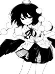  cowboy_shot greyscale hands_on_hips hat leaning_forward looking_at_viewer maguro_(mawaru_sushi) monochrome neck_ribbon pom_pom_(clothes) ribbon shameimaru_aya short_hair simple_background smile solo tokin_hat touhou white_background wings 