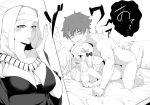  2girls abigail_williams_(fate/grand_order) absurdres araki_jeccy ass barefoot blush bow breasts cleavage commentary fate/grand_order fate_(series) forehead fujimaru_ritsuka_(male) greyscale habit hair_bow hetero highres long_hair lying monochrome multiple_girls nipples nude nun on_bed on_stomach open_mouth panicking prone_bone sesshouin_kiara sex small_breasts smile sweat teeth 