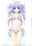  absurdres bangs bed_sheet bikini blush collarbone d-pad d-pad_hair_ornament eyebrows_visible_through_hair floral_print hair_ornament highres long_hair lying navel nepgear neptune_(series) official_art on_back open_mouth purple_eyes purple_hair scan shiny shiny_skin solo swimsuit tsunako wet 