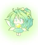  216 ahoge ball barefoot blush bow chibi covered_mouth daiyousei eyebrows_visible_through_hair fairy_wings full_body glowing gradient gradient_background green green_background green_eyes green_hair hair_bow holding looking_at_viewer shirt short_hair short_sleeves side_ponytail simple_background skirt skirt_set solo touhou vest white_shirt wings 
