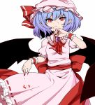 bat_wings blood blood_on_face bloody_clothes bloody_hands blue_hair cravat hat maguro_(mawaru_sushi) mob_cap pink_hat pointy_ears red_eyes remilia_scarlet short_hair simple_background solo touhou white_background wings 