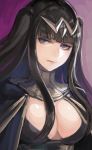  black_hair bodystocking bodysuit breasts cape circlet cleavage commentary_request fire_emblem fire_emblem:_kakusei fire_emblem_heroes jewelry kokouno_oyazi large_breasts purple_eyes skin_tight solo tharja tiara upper_body 