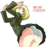  aono3 arms_up ass bangs black_skirt blonde_hair blue_eyes closed_mouth commentary cowboy_shot crotch_seam emblem english eyebrows_visible_through_hair girls_und_panzer green_jacket head_tilt jacket katyusha leaning_forward long_sleeves looking_at_viewer looking_back miniskirt panties pleated_skirt pravda_school_uniform red_shirt school_uniform shirt short_hair simple_background skirt smile solo standing turtleneck underwear white_background white_panties 