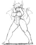  blush clothing cuddlesong demon female hair horn looking_at_viewer monochrome nipple_bulge sketch smile solo standing swimsuit thick_thighs wings 