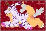  3_toes 5_fingers anthro black_nose claws digimon digital_drawing_(artwork) digital_media_(artwork) disembodied_hand duo eyes_closed fur gabumon male nude open_mouth red_background scalie shadowpelt simple_background solo_focus spank_marks spanking teeth toe_claws toes 