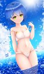  bare_arms bare_shoulders bikini blue_sky breasts cameltoe cleavage cloud collarbone commentary_request darling_in_the_franxx day dutch_angle endsmall_min groin highres ichigo_(darling_in_the_franxx) medium_breasts navel ocean outdoors sky solo strap_slip sunlight swimsuit thigh_gap wading water water_drop white_bikini 