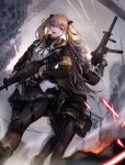  404_logo_(girls_frontline) absurdres ankle_boots armband back-to-back bangs black_gloves black_jacket black_legwear blush boots bow brown_eyes brown_hair cityscape closed_mouth cloud cloudy_sky commentary_request eyebrows_visible_through_hair fingerless_gloves fire floating_hair from_below girls_frontline gloves gun h&amp;k_ump h&amp;k_ump45 h&amp;k_ump9 hair_between_eyes hair_bow hair_ornament hair_ribbon hairclip heckler_&amp;_koch highres holding holding_gun holding_weapon hood hooded_jacket jacket knee_pads korean_commentary lamppost light_particles long_hair looking_at_viewer magazine_(weapon) multiple_girls one_side_up open_mouth pantyhose pleated_skirt pouch rad ribbon ruins scar scar_across_eye scarf shirt sidelocks sign skirt sky smile submachine_gun suppressor thigh_strap trigger_discipline twintails ump45_(girls_frontline) ump9_(girls_frontline) walkie-talkie weapon white_shirt yellow_eyes 