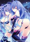  absurdres ass bangs blue_eyes blue_hair braid breasts cleavage elbow_gloves eyebrows_visible_through_hair gloves hair_between_eyes hair_ornament hands_above_head highres iris_heart kami_jigen_game_neptune_v large_breasts leotard long_hair looking_at_viewer medium_breasts multiple_girls neon_trim neptune_(series) official_art purple_hair purple_heart red_eyes scan simple_background smile symbol-shaped_pupils thighhighs tsunako twin_braids twintails very_long_hair 