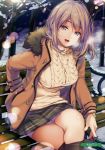  absurdres artist_name bangs bench breasts breath buttons coat crossed_legs eyebrows_visible_through_hair fur_trim hand_in_pocket highres jewelry long_sleeves looking_at_viewer medium_breasts melonbooks moneti_(daifuku) necklace open_clothes open_mouth outdoors pantyhose park_bench purple_eyes ribbed_sweater scan short_hair sitting smile snow snowing solo steam sweater turtleneck undressing winter_clothes winter_coat 