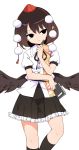  black_legwear brown_hair contrapposto cowboy_shot hat holding holding_notepad holding_pen leaf_print maguro_(mawaru_sushi) neck_ribbon notepad pen pleated_skirt pointy_ears pom_pom_(clothes) ribbon shameimaru_aya short_hair simple_background skirt solo standing tokin_hat touhou white_background wings 