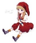  bangle bangs blonde_hair blush boots bracelet braid closed_mouth dragon_quest dragon_quest_xi dress full_body grey_footwear hat highres ikeuchi_tanuma jewelry long_hair low_twintails orange_legwear puffy_short_sleeves puffy_sleeves purple_eyes red_dress red_hat shirt short_sleeves simple_background sitting sleeveless sleeveless_dress socks solo translation_request twin_braids twintails twitter_username veronica_(dq11) white_background white_shirt 