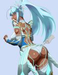  1girl arched_back armor ass bare_shoulders blue_background blue_eyes blue_hair blush breasts dark_skin detached_sleeves embarrassed glowing headgear highres large_breasts long_hair looking_at_viewer open_mouth ponytail regiman shiny shiny_hair shiny_skin simple_background solo standing thighhighs tokiha_(xenoblade) wedgie white_legwear xenoblade xenoblade_2 