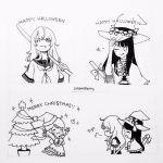 artist_name bow bowtie christmas christmas_tree closed_eyes commentary cream-chan_(creamsherry) creamsherry english english_commentary greyscale halloween happy_halloween hat heart highres inktober long_hair merry_christmas mixed-language_commentary monochrome multiple_girls open_eyes open_mouth original sailor_collar santa_hat school_uniform short_hair sigh simple_background sparkle sword tongue tongue_out uncolored weapon white_background witch_hat wooden_sword 