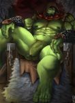  2018 5_fingers 5_toes absurd_res areola arm_support balls barefoot beard biceps big_biceps big_pecs big_penis blue_eyes bracelet chair clothed clothing digital_media_(artwork) digital_painting_(artwork) eyebrows facial_hair facial_piercing fangs flaccid front_view green_balls green_nipples green_nose green_penis green_skin hand_on_knee hand_on_leg hi_res hood huge_penis humanoid humanoid_hands humanoid_penis jewelry long_penis looking_at_viewer male manly musclegut muscular muscular_male navel nipples nose_piercing not_furry nude orc partially_clothed pecs penis piercing sharp_teeth sitting spread_legs spreading symbol teeth thick_penis thick_thighs thrall throne toes triceps uncut vein veiny_muscles veiny_penis video_games warcraft zoroj 