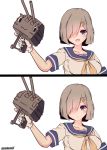  2koma :3 :d artist_name blue_eyes blush cannon chou-10cm-hou-chan closed_eyes comic commentary_request gloves grey_hair hair_ornament hair_over_one_eye hairclip hamakaze_(kantai_collection) highres kantai_collection momiji_(103) neckerchief open_mouth sailor_collar school_uniform serafuku short_hair short_sleeves simple_background smile trigger_discipline upper_body white_background white_gloves 