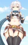  1girl absurdres belt belt_pouch black_gloves black_legwear black_panties breasts cloud cloudy_sky cowboy_shot day double_v eiyuu_densetsu elbow_gloves fie_claussell fingerless_gloves from_below garter_straps gloves green_eyes highres looking_at_viewer midriff minazuki_(jo) miniskirt navel o-ring o-ring_top panties pantyshot pantyshot_(standing) pouch scarf sen_no_kiseki short_hair silver_hair skindentation skirt sky small_breasts smile solo standing strapless thighhighs tubetop underwear v 