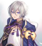  1boy blue_eyes fate/grand_order fate_(series) gao_changgong_(fate) hair_between_eyes hand_on_own_chest looking_at_viewer male_focus open_mouth short_hair silver_hair smile solo white_background 