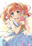  birthday blue_dress blush bouquet closed_mouth commentary dress drill_hair eyebrows_visible_through_hair flower green_eyes idolmaster idolmaster_(classic) looking_at_viewer medium_hair orange_hair petals smile solo suimya takatsuki_yayoi thighs twin_drills twintails 