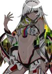  altera_(fate) arm_at_side arm_up bandeau bare_shoulders black_nails breasts chromatic_aberration closed_mouth commentary_request dark_skin detached_sleeves fate/extella fate/extra fate_(series) fingernails highres long_hair long_sleeves looking_at_viewer nail_polish navel one_eye_closed ram_(ramlabo) red_eyes revealing_clothes silver_hair simple_background small_breasts solo veil white_background white_bandeau 