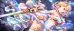  absurdres armpits bangs bare_shoulders blush breasts brown_eyes cleavage commentary_request cosplay detached_sleeves djeeta_(granblue_fantasy) dress eyebrows_visible_through_hair flower granblue_fantasy hair_flower hair_ornament highres holding holding_sword holding_weapon knights_of_glory large_breasts light_brown_hair long_sleeves parted_lips rose short_hair skirt_hold solo strapless strapless_dress sword the_glory the_glory_(cosplay) thighhighs toki_(toki_ship8) weapon white_dress white_flower white_legwear white_rose 