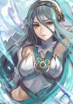  aqua_(fire_emblem_if) bare_shoulders blue_hair breasts commentary_request detached_collar fire_emblem fire_emblem_heroes fire_emblem_if hair_ornament headdress jewelry kokouno_oyazi medium_breasts midriff pendant solo upper_body yellow_eyes 