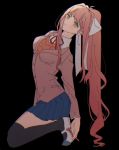  black_background black_legwear blazer blue_skirt blush bow breasts brown_hair closed_mouth collared_shirt doki_doki_literature_club full_body green_eyes grey_jacket hair_bow hair_over_face head_tilt holding holding_pen jacket kneeling long_hair long_sleeves looking_at_viewer manio medium_breasts monika_(doki_doki_literature_club) neck_ribbon pen pleated_skirt ponytail red_neckwear red_ribbon ribbon school_uniform shirt shoes sidelocks simple_background skirt solo thighhighs uwabaki very_long_hair vest white_bow white_footwear white_ribbon white_shirt wing_collar 