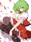  boots cross-laced_footwear green_hair kazami_yuuka maguro_(mawaru_sushi) pantyhose parted_lips petals plaid plaid_skirt plaid_vest red_eyes skirt solo touhou vest white_background 