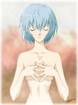  1girl ann_yosh ayanami_rei blue_hair breasts covering_breasts expressionless eyes_closed female interlocked_fingers neon_genesis_evangelion nude small_breasts solo 