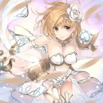  bare_shoulders blonde_hair breasts cleavage commentary_request cosplay detached_sleeves djeeta_(granblue_fantasy) flower granblue_fantasy hair_flower hair_ornament looking_at_viewer medium_breasts naruse_hirofumi short_hair shoulder_pads smile solo the_glory the_glory_(cosplay) thighhighs yellow_eyes 