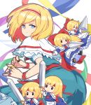  alice_margatroid blonde_hair blue_eyes bow capelet from_behind hair_bow hairband headband lance light_smile long_hair looking_at_viewer looking_back maguro_(mawaru_sushi) multiple_girls polearm ribbon shanghai_doll sword touhou weapon wristband 
