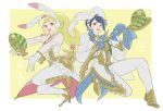  1girl alfonse_(fire_emblem) alternate_costume animal_ears blonde_hair blue_bow blue_eyes blue_gloves blue_hair bow brother_and_sister bunny_ears bunny_tail cup easter_egg egg fake_animal_ears fake_tail fire_emblem fire_emblem_heroes gloves green_eyes high_heels highres itou_(very_ito) long_hair multicolored_hair open_mouth outstretched_arms pants pink_hair see-through sharena short_hair siblings spoon tail white_gloves white_pants 