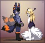  2018 ? anthro arctic_fox blue_fur blush boxer_briefs boxers_(clothing) canine clothed clothing cute dick_in_a_box digital_media_(artwork) dress duo female fennec fox fur gift hair hi_res holding_gift holding_object looking_away male mammal mostly_nude multicolored_fur nervous orange_fur ribbons sidni sidnithefox simple_background smile stack_(character) standing tailwag toony underwear underwear_pull white_fur 