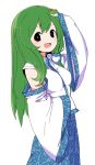  :d blush detached_sleeves frog_hair_ornament green_hair hair_ornament hand_on_own_head kochiya_sanae long_hair looking_at_viewer maguro_(mawaru_sushi) open_mouth simple_background smile solo touhou white_background 