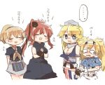  4girls apron black_dress black_shirt blonde_hair blue_eyes blue_shirt breast_pocket breasts brown_hair cleavage closed_eyes collared_shirt commentary cowboy_shot crying crying_with_eyes_open dress fingerless_gloves gambier_bay_(kantai_collection) gloves hairband intrepid_(kantai_collection) iowa_(kantai_collection) kantai_collection large_breasts medium_breasts miniskirt mismatched_legwear multicolored multicolored_clothes multicolored_gloves multiple_girls neckerchief o_o open_mouth pocket ponytail rebecca_(keinelove) remodel_(kantai_collection) saratoga_(kantai_collection) shirt short_hair short_sleeves side_ponytail simple_background skirt smokestack spoken_ellipsis striped striped_legwear tears thighhighs translated twintails vertical-striped_legwear vertical_stripes white_background 