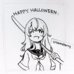  artist_name commentary_request creamsherry greyscale halloween happy_halloween highres inktober long_hair mixed-language_commentary monochrome original school_uniform simple_background solo sword uncolored weapon white_background wooden_sword 