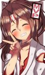  blush closed_eyes commentary_request grin hachimaki head_tilt headband highres kantai_collection mvp natsu_narumi smile solo torn_clothes upper_body v zuihou_(kantai_collection) 