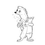  2018 ambiguous_gender anthro barefoot black_and_white clothed clothing coat cup disney folder holding_cup holding_object honey_(zootopia) honey_badger lab_coat mammal monochrome mustelid name_tag paper replytoanons simple_background standing steam white_background zootopia 
