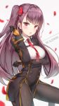  :o absurdres arm_under_breasts bangs black_gloves black_legwear black_skirt blunt_bangs blush breast_hold breasts character_name chestnut_mouth collared_shirt double-breasted ginn_(hzh770121) girls_frontline gloves hair_ribbon high-waist_skirt highres long_hair long_sleeves looking_at_viewer medium_breasts motion_lines necktie one_side_up pantyhose petals red_eyes red_neckwear red_ribbon ribbon round_teeth shiny shiny_hair shirt skirt solo straight_hair striped striped_shirt teeth underwear v-shaped_eyebrows vertical-striped_shirt vertical_stripes very_long_hair wa2000_(girls_frontline) white_shirt wing_collar 